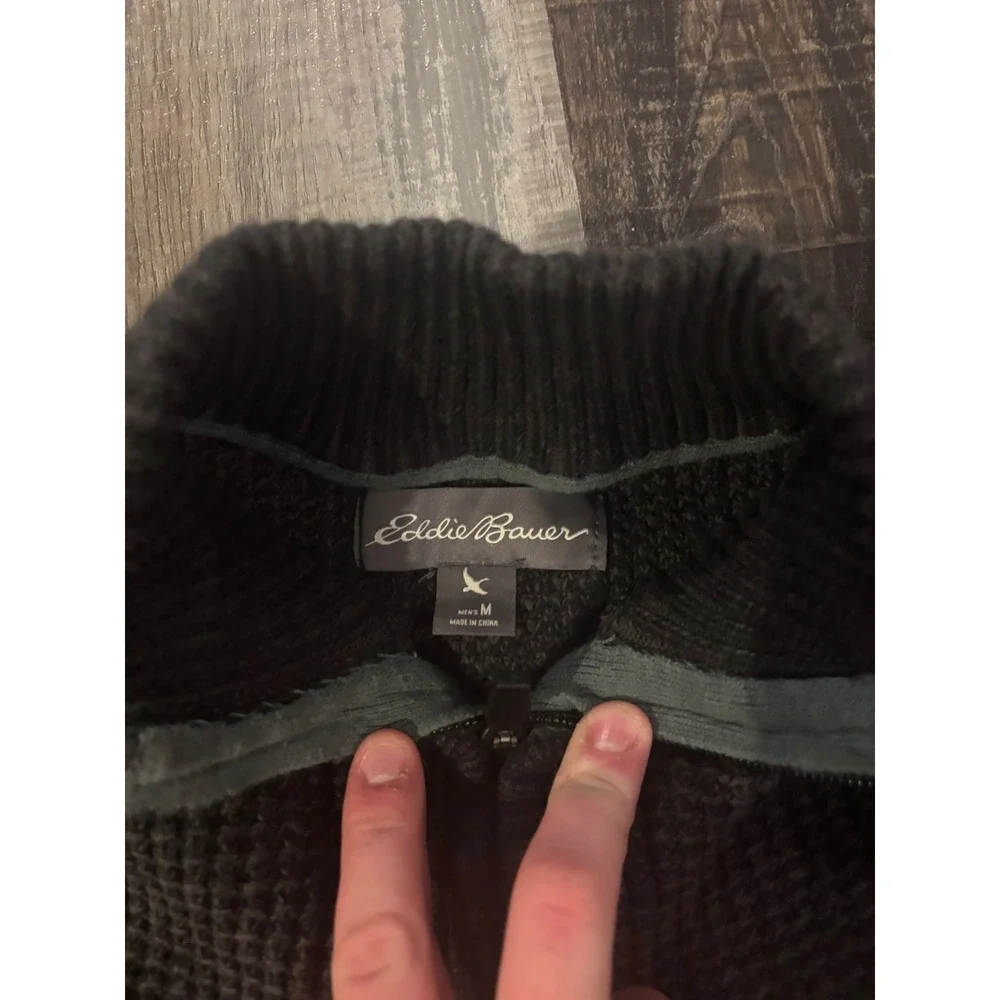 Eddie Bauer Sweater Mens Medium Black Waffle Knit Quarter Zip Cotton Pullover